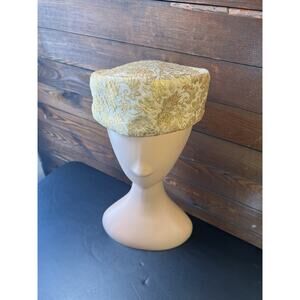 Vintage Brocade Pillbox Hat With Gold Floral Pattern Union Made In USA #669136